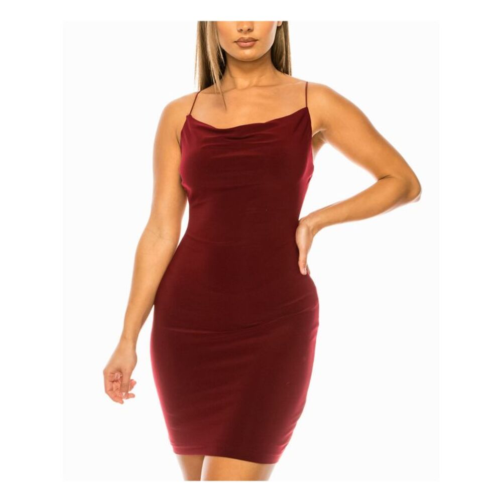 B DARLIN Womens Spaghetti Strap Cowl Neck Above The Knee Party Body Con Dress - Picture 1 of 4